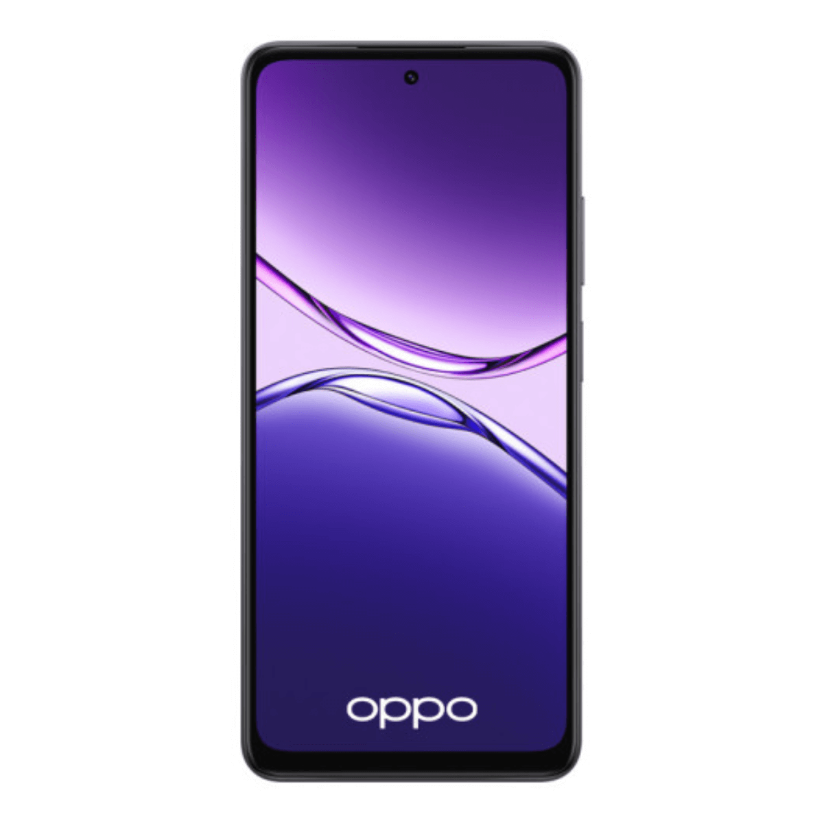 Czarny telefon Oppo z ekranem wyświetlającym fioletowo-niebieski abstrakcyjny wzór i słowo 'oppo'.