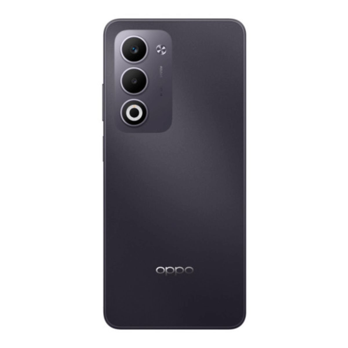 Fioletowy tył smartfona. Trzy kamery i logo Oppo. Białe tło.