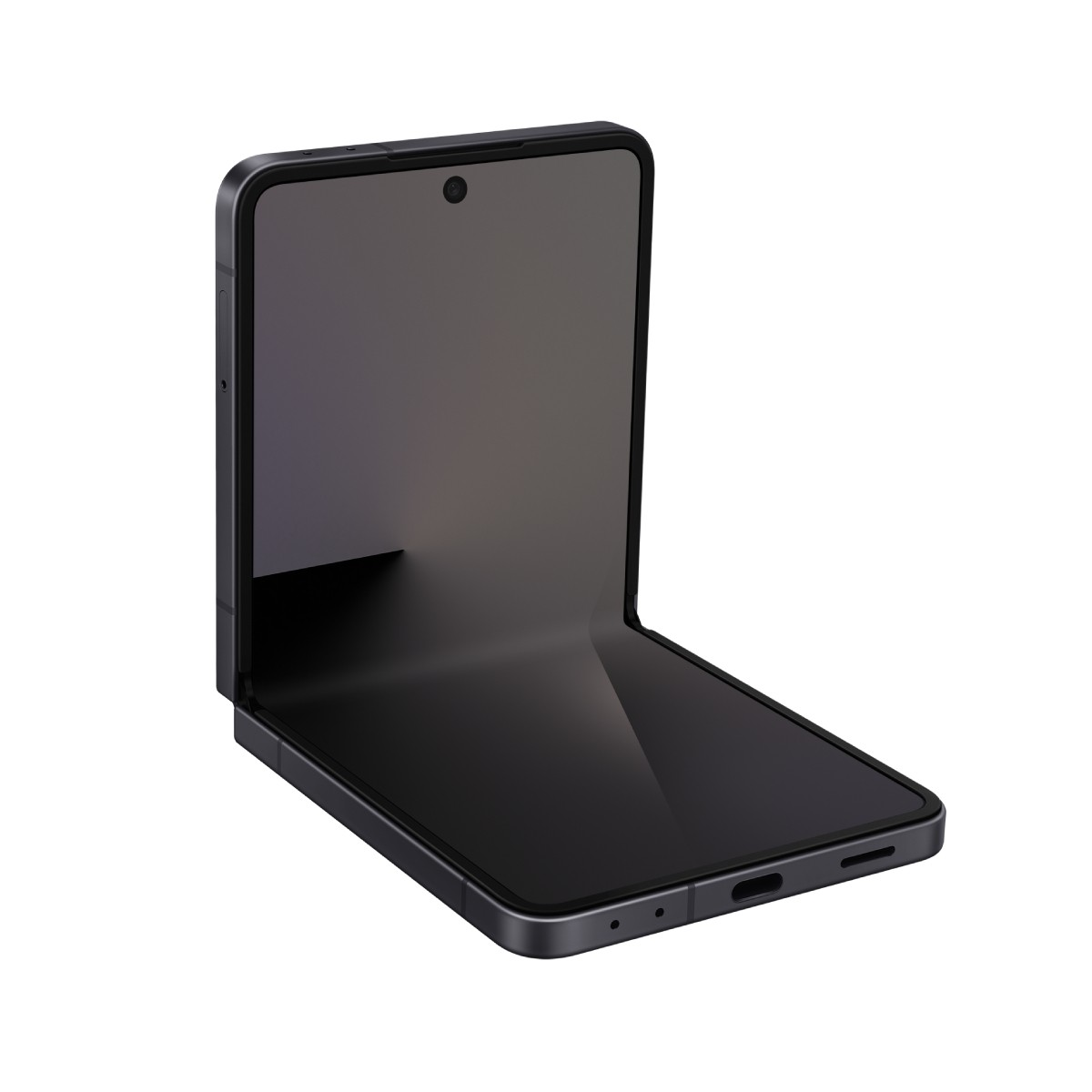 Czarny składany smartfon, częściowo otwarty, z ciemnym ekranem.