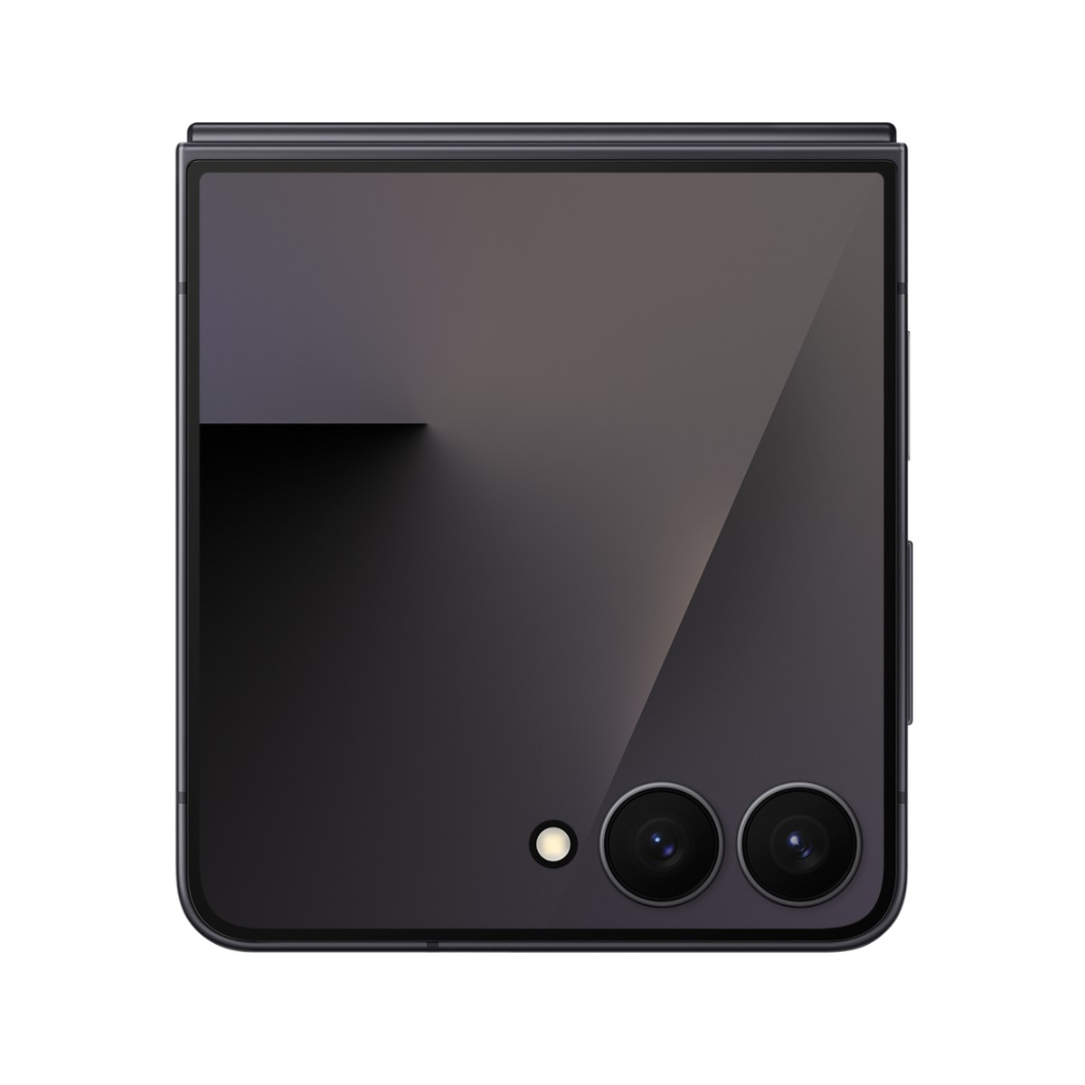 Czarny telefon, złożony. Dwie kamery, przedni ekran. Białe tło.