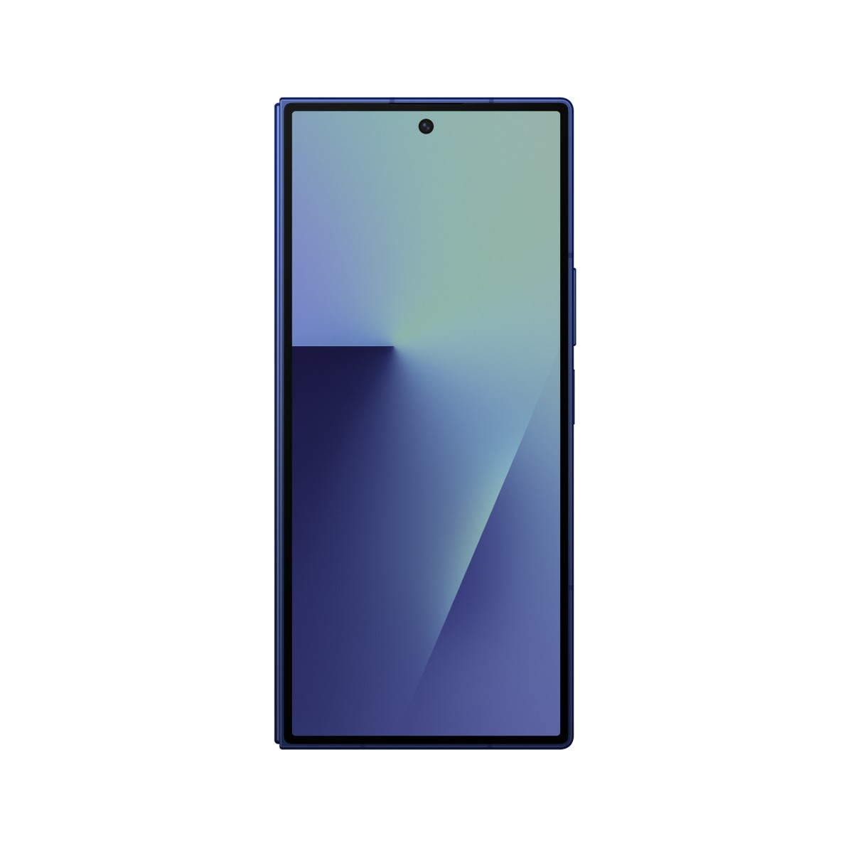 Blaues Smartphone, vollständig geöffnet. Der Bildschirm zeigt blaue und grüne Farbverläufe, ein Loch für die Frontkamera.