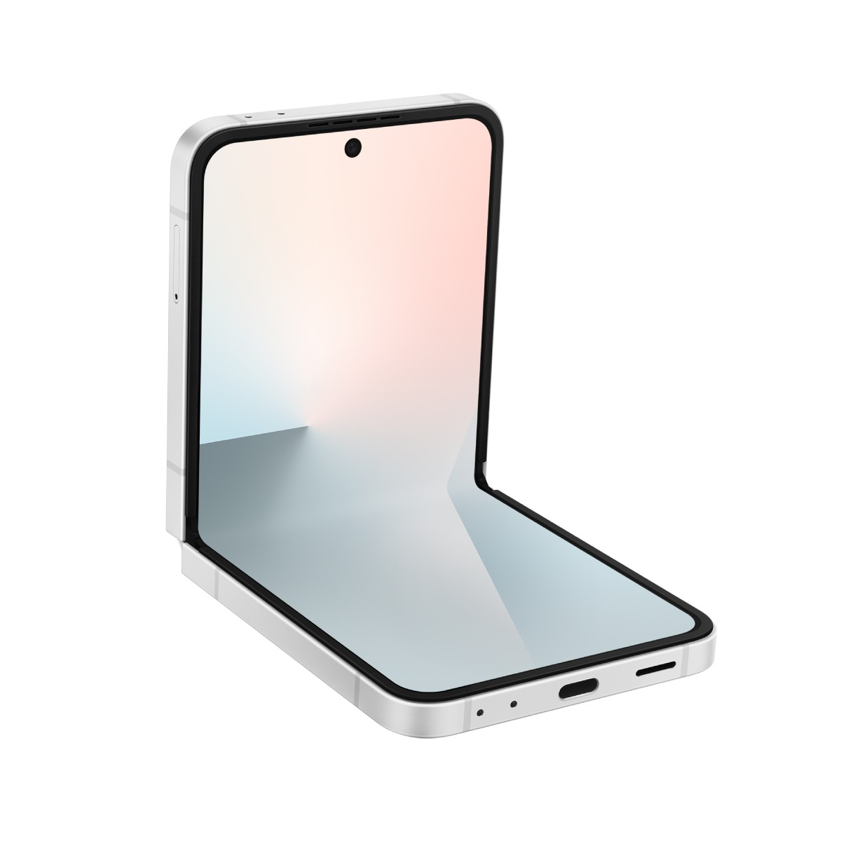 Biały składany smartfon, częściowo otwarty, wyświetlający kolorowy ekran.