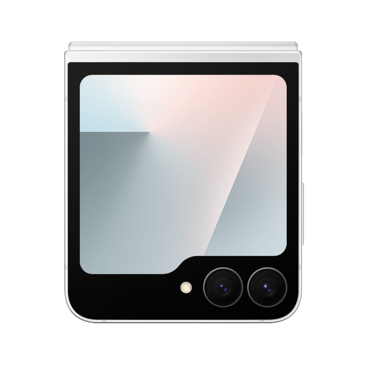Biały, składany telefon, częściowo otwarty. Ekran wyświetla różowo-niebieski gradient, z dwoma aparatami z tyłu.