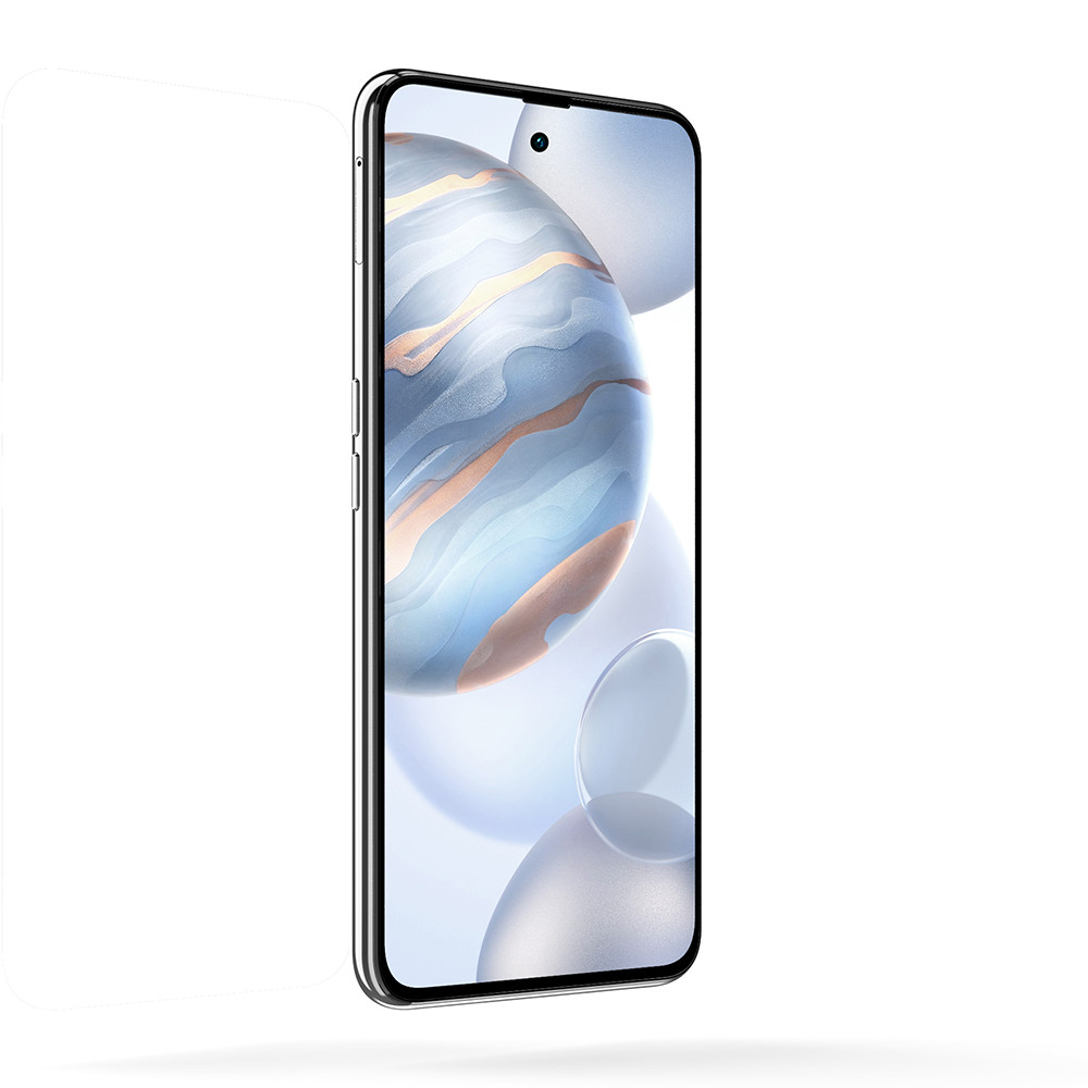 Srebrno-czarny smartfon, ekran wyświetla abstrakcyjne niebiesko-białe wzory. Widok z boku.