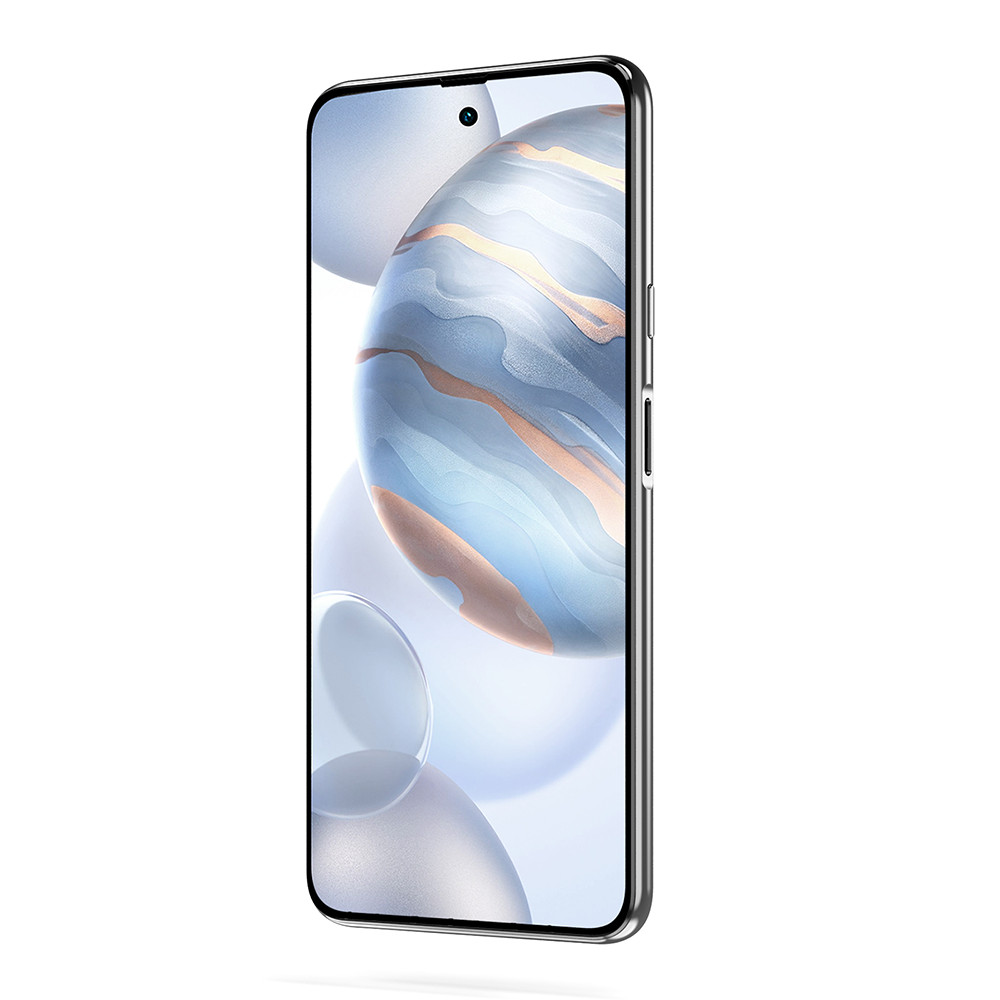 Smartfon, wyświetlający niebieski i szary abstrakcyjny wzór, z widocznym przednim aparatem.