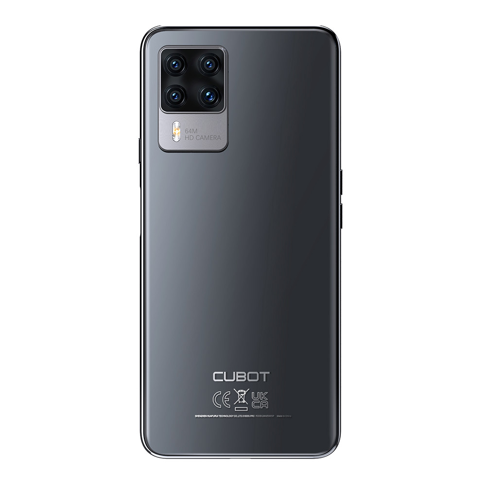 Czarny tył telefonu z czterema aparatami i tekstem 64M HD CAMERA. Marka CUBOT.