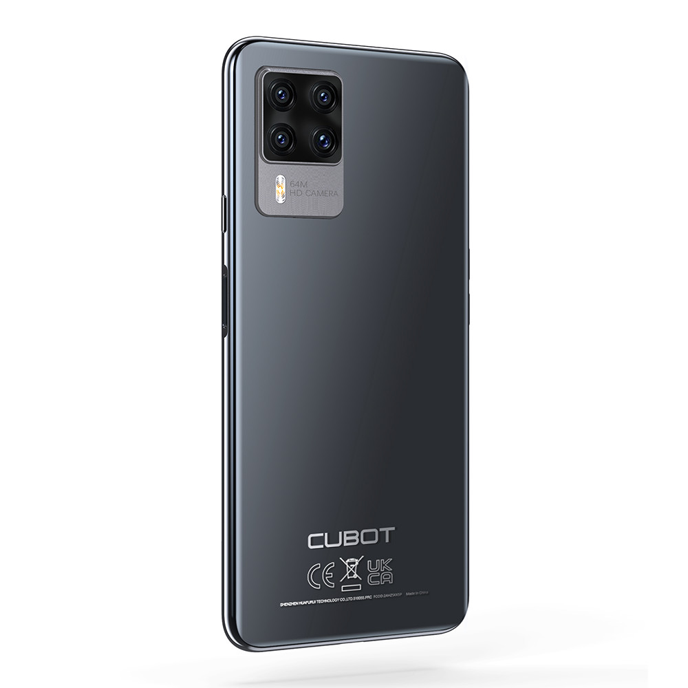 Szary tył smartfona z czterema aparatami, logo CUBOT i informacjami o produkcie. Ciemnoszary.