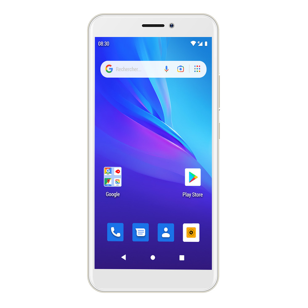 Smartphone bianco, schermo con barra di ricerca Google e icone app. Sfondo blu e bianco.