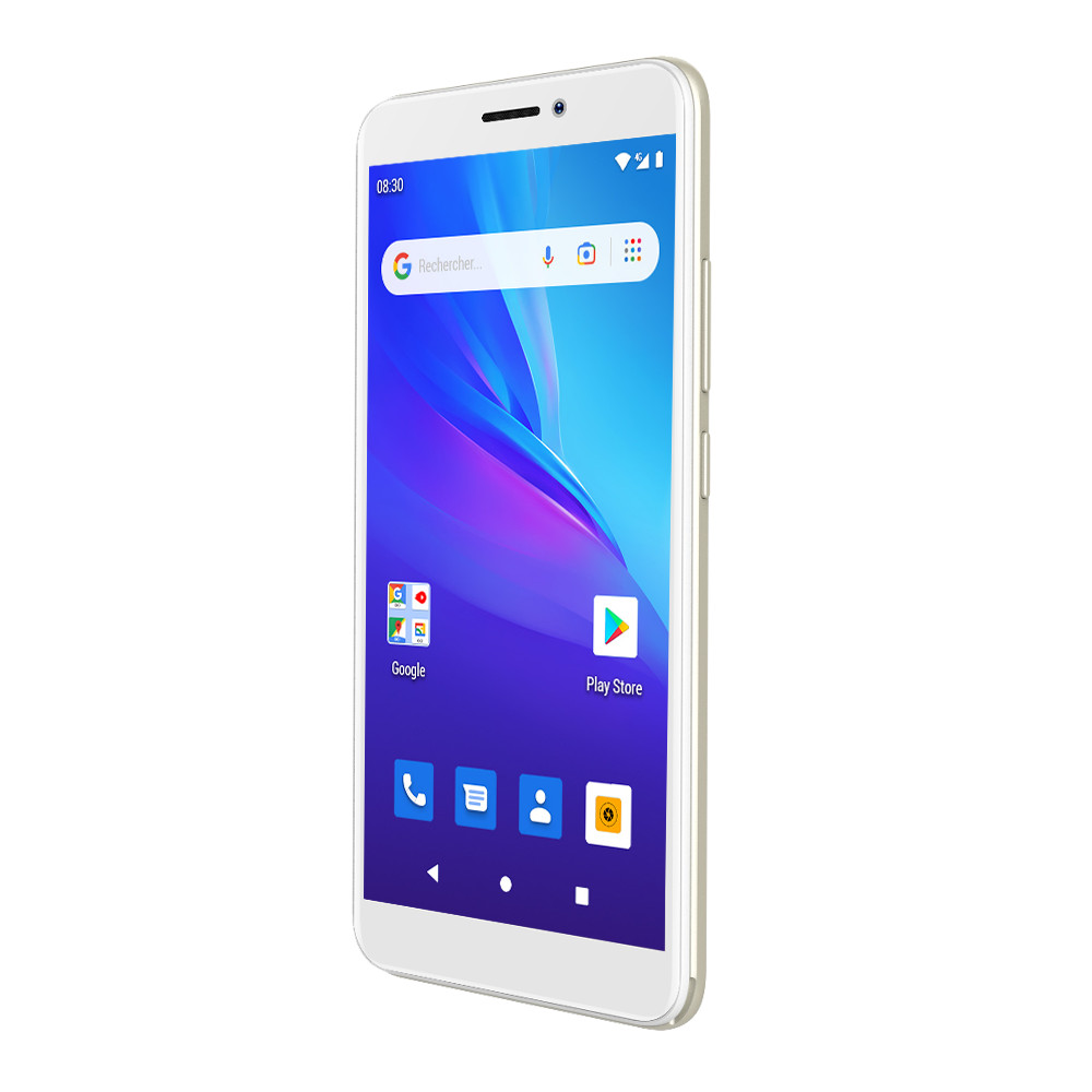 Smartphone bianco, schermo con barra di ricerca Google e icone app. Sfondo blu e bianco.