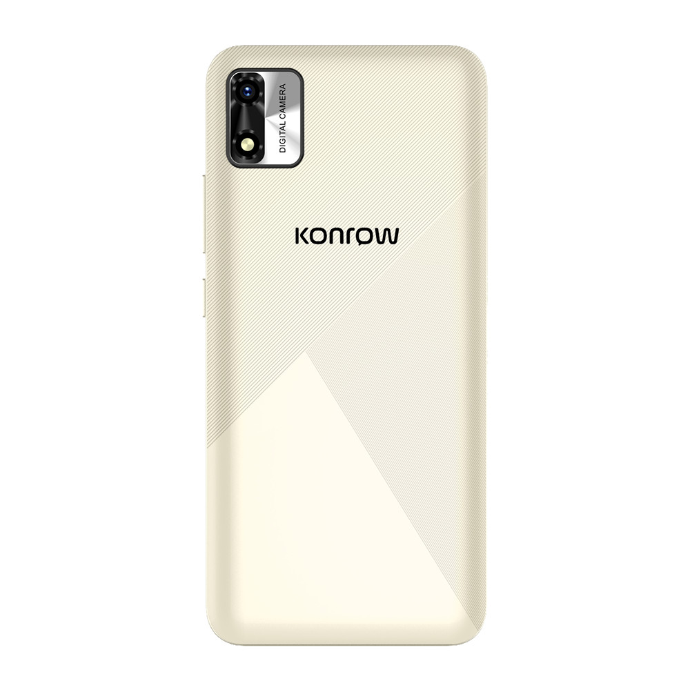 Retro smartphone con fotocamera, logo KONROW. Schema colori beige e bianco con linee diagonali.