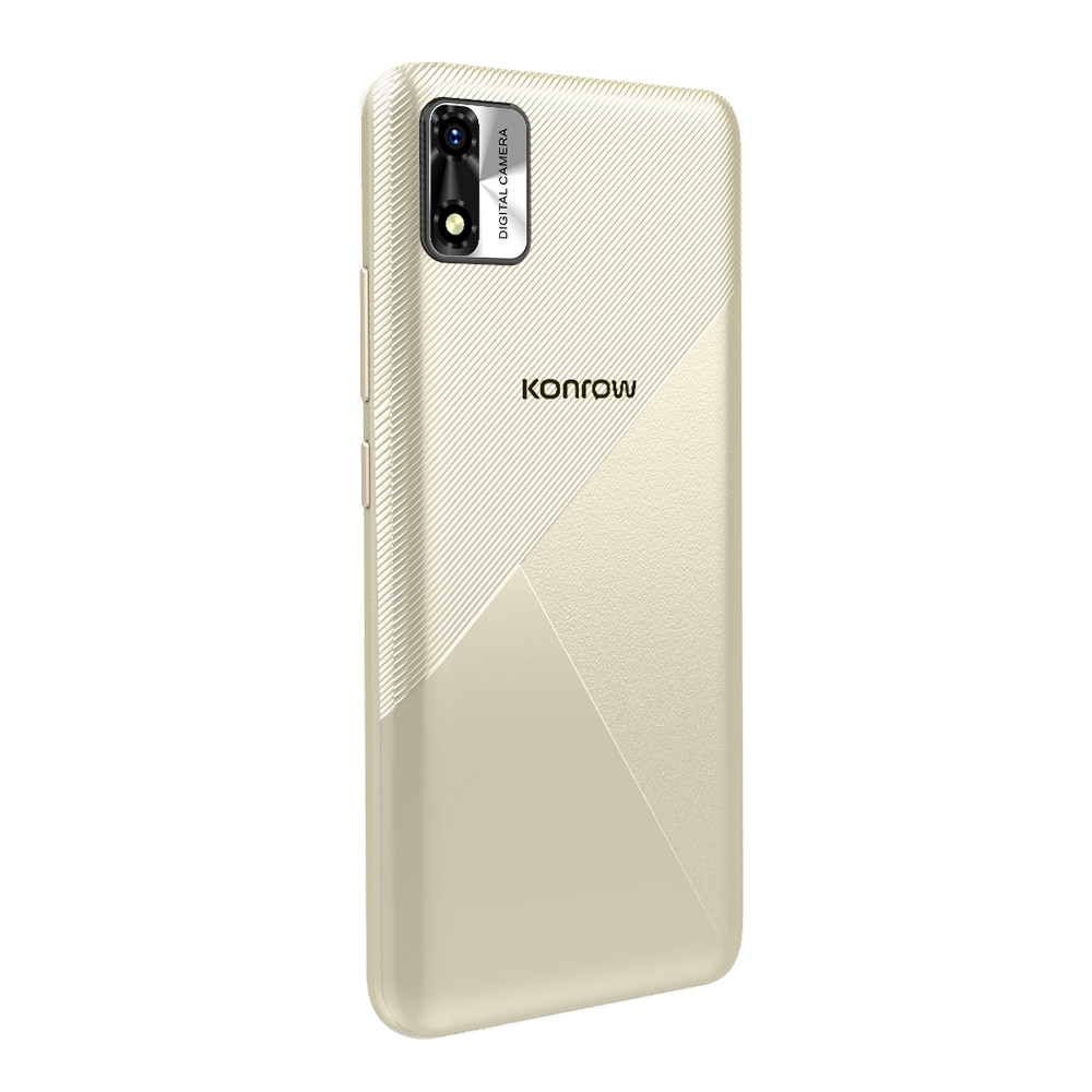 Retro smartphone con fotocamera, logo KONROW. Schema colori beige e bianco con linee diagonali.