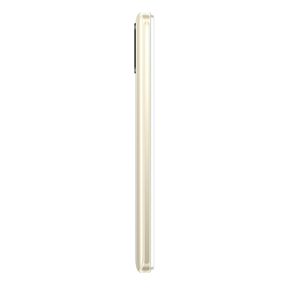 Vista laterale di uno smartphone beige, che mostra il lato con il modulo fotocamera.
