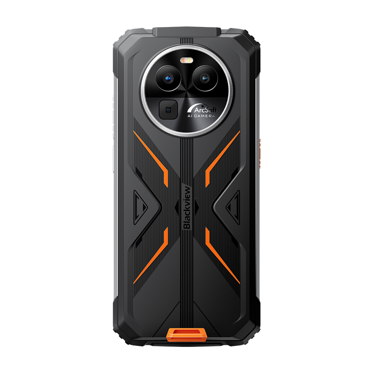 Blackview-Telefonrückseite, schwarz mit orangefarbenen Akzenten. Großes Kameramodul. Weißer Hintergrund.