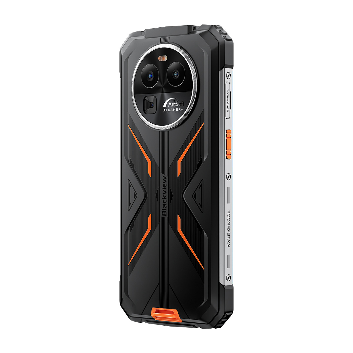 Schwarze und orangefarbene robuste Telefonrückseite mit Dreifachkamera und 'Blackview'.