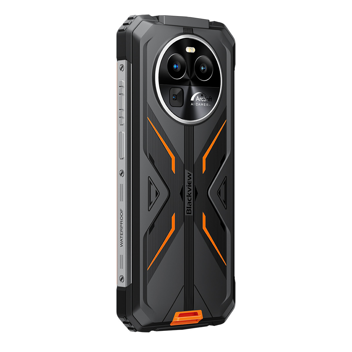 Schwarze und orangefarbene robuste Telefonrückseite mit Dreifachkamera und 'Blackview'.