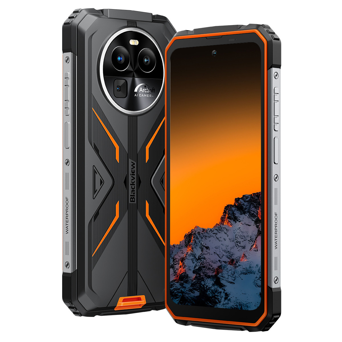 Schwarzes und oranges robustes Telefon mit Bildschirm, der ein oranger Lava-Muster zeigt.