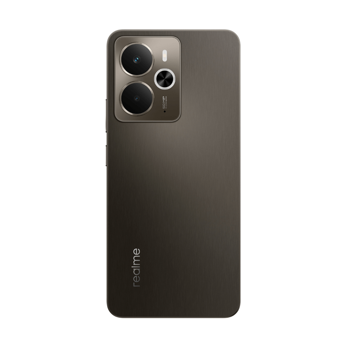 Smartfon z brązowym tyłem. Ma dwa aparaty, a pod spodem wydrukowano słowo "realme".