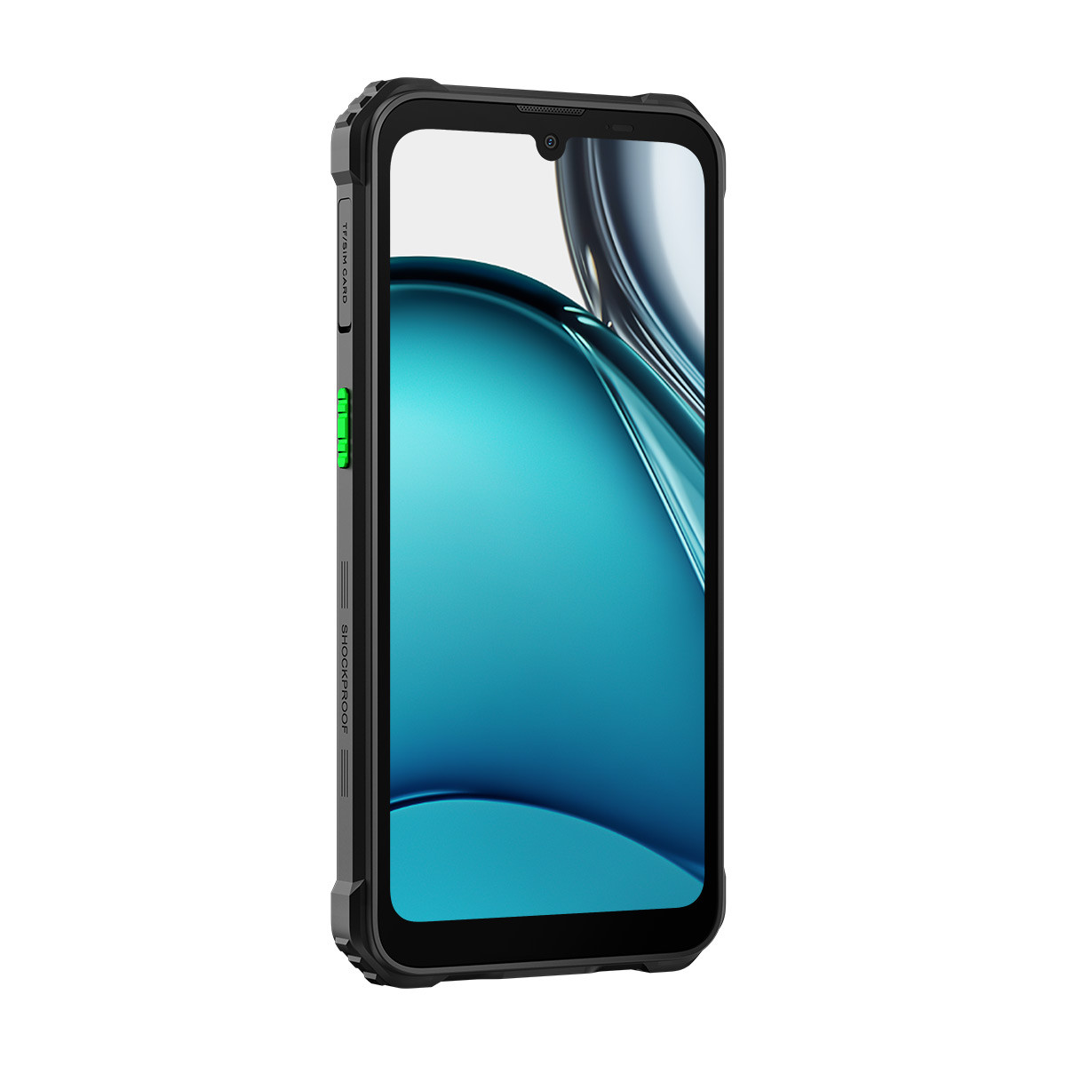 Uno smartphone robusto con un display che mostra un'immagine blu astratta, in una cornice nera.