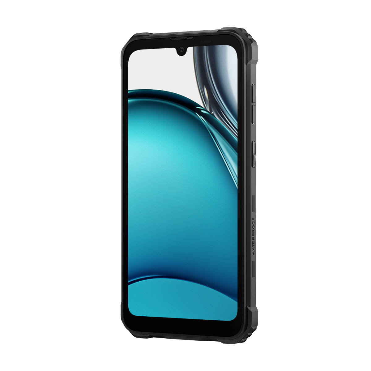 Telefono rugged nero su bianco, con schermo che mostra un'immagine simile all'acqua. Il telefono ha una cornice nera.