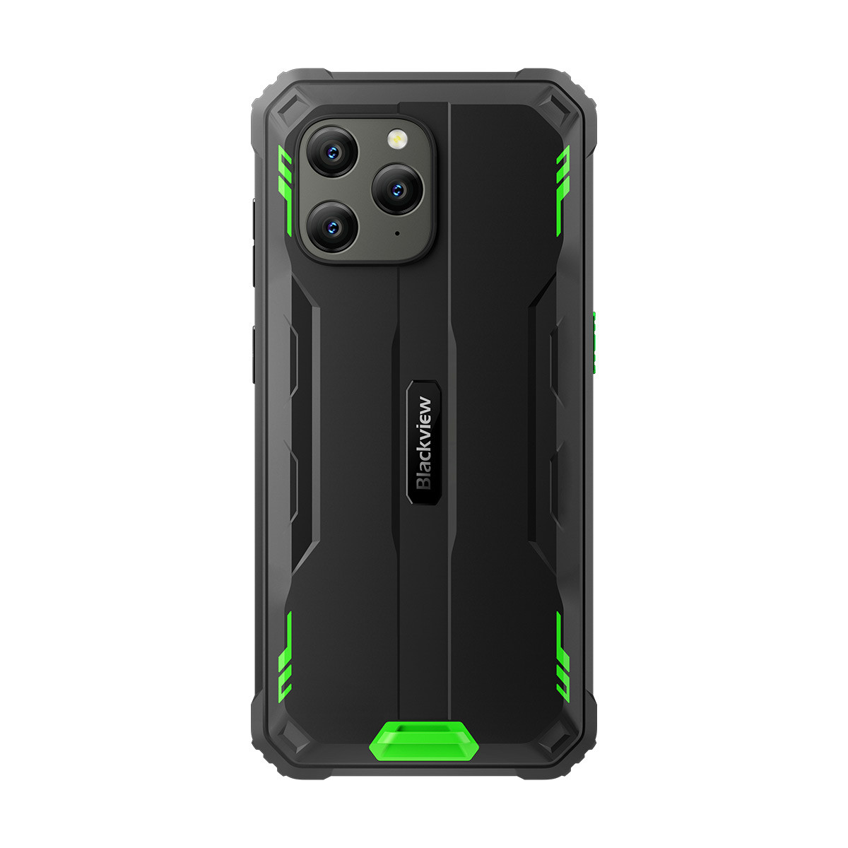 Retro del telefono rugged Blackview che mostra più fotocamere e un design nero e verde.
