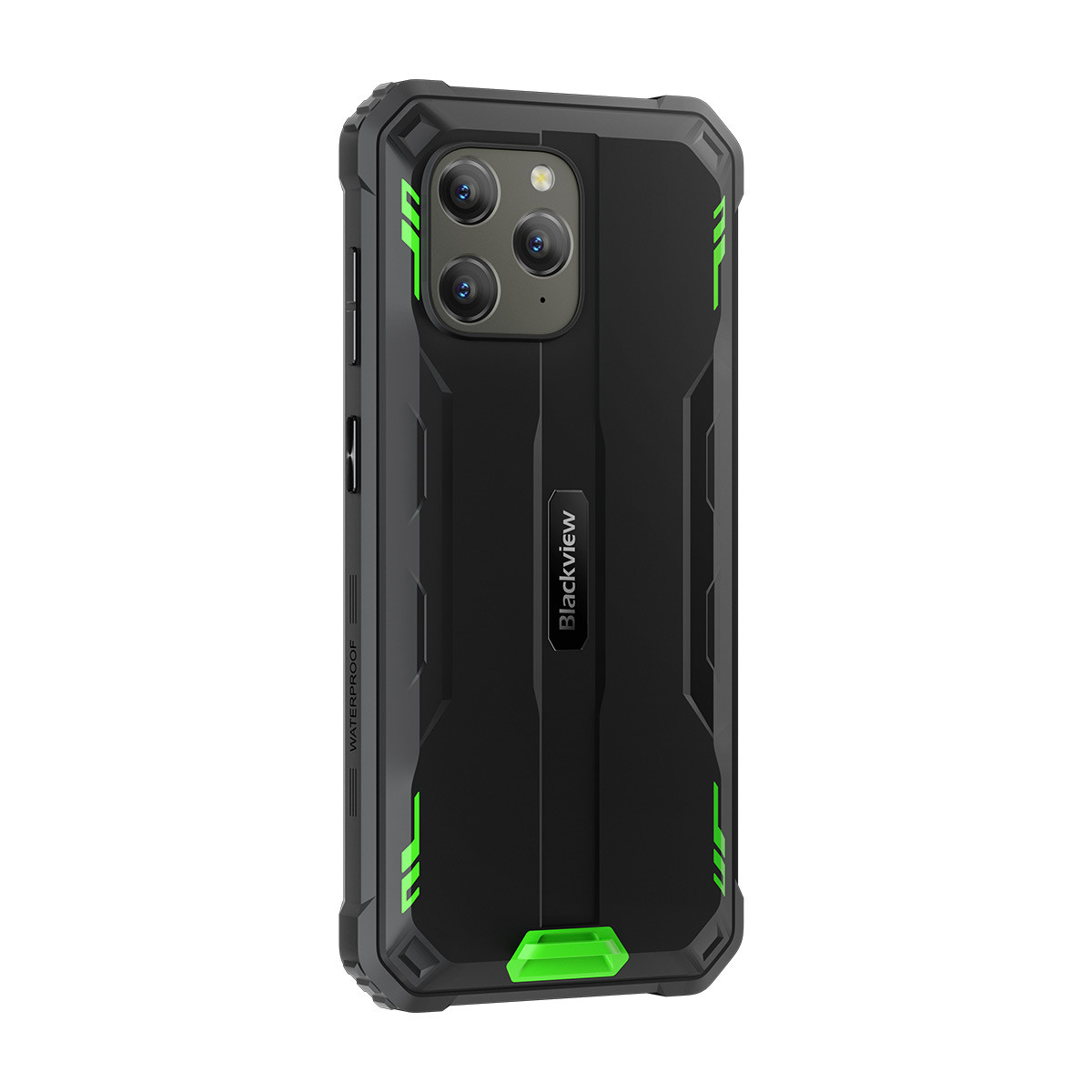Telefono nero con un design robusto e dettagli verdi. Il retro ha tre fotocamere.