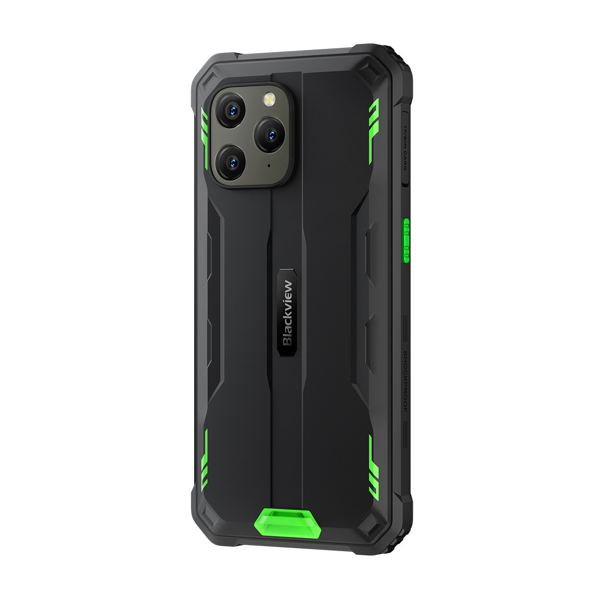 Telefono rugged Blackview, davanti con un'immagine di nebulosa e dietro con più fotocamere.