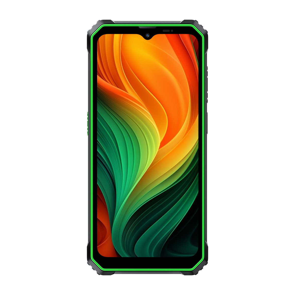 Smartphone con cornice verde. Lo schermo mostra un design astratto, colorato e stratificato.