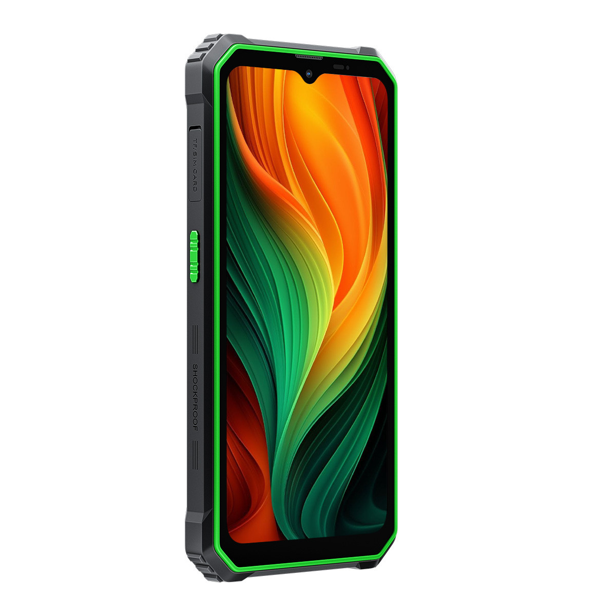 Smartphone robusto. Cornice nera con dettagli verdi. Sfondo astratto colorato sullo schermo.