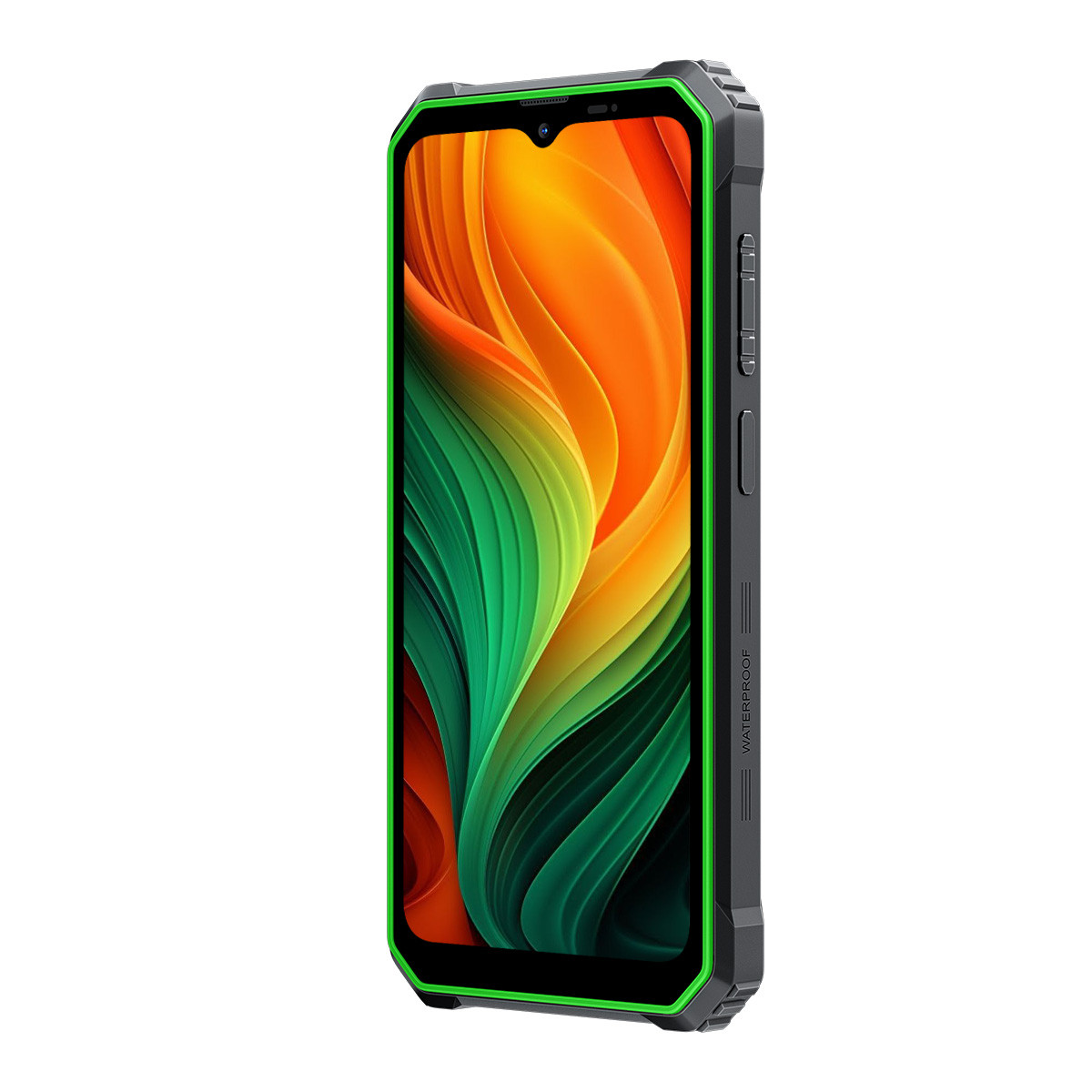 Smartphone robusto. Cornice nera con dettagli verdi. Sfondo astratto colorato sullo schermo.