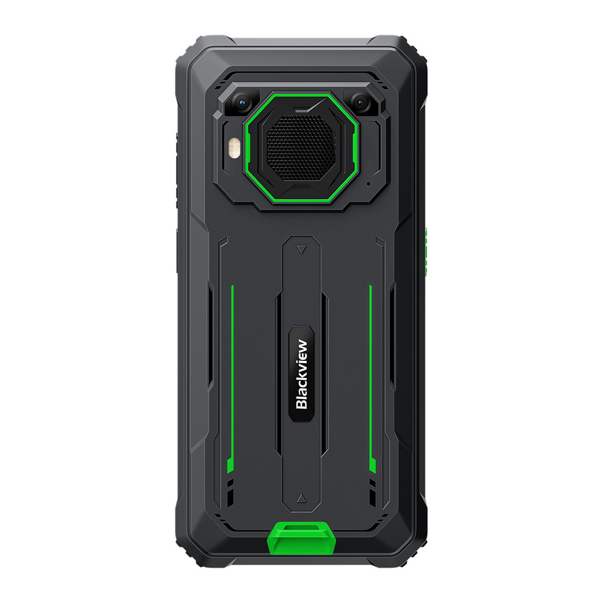 Vista posteriore del telefono rugged Blackview. Presenta doppia fotocamera e altoparlante, con dettagli verdi e logo Blackview.