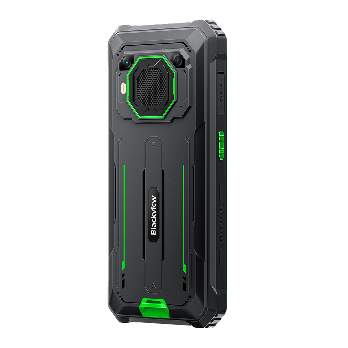 Telefono rugged Blackview, vista posteriore. Presenta altoparlante, doppia fotocamera e logo Blackview con accenti verdi.