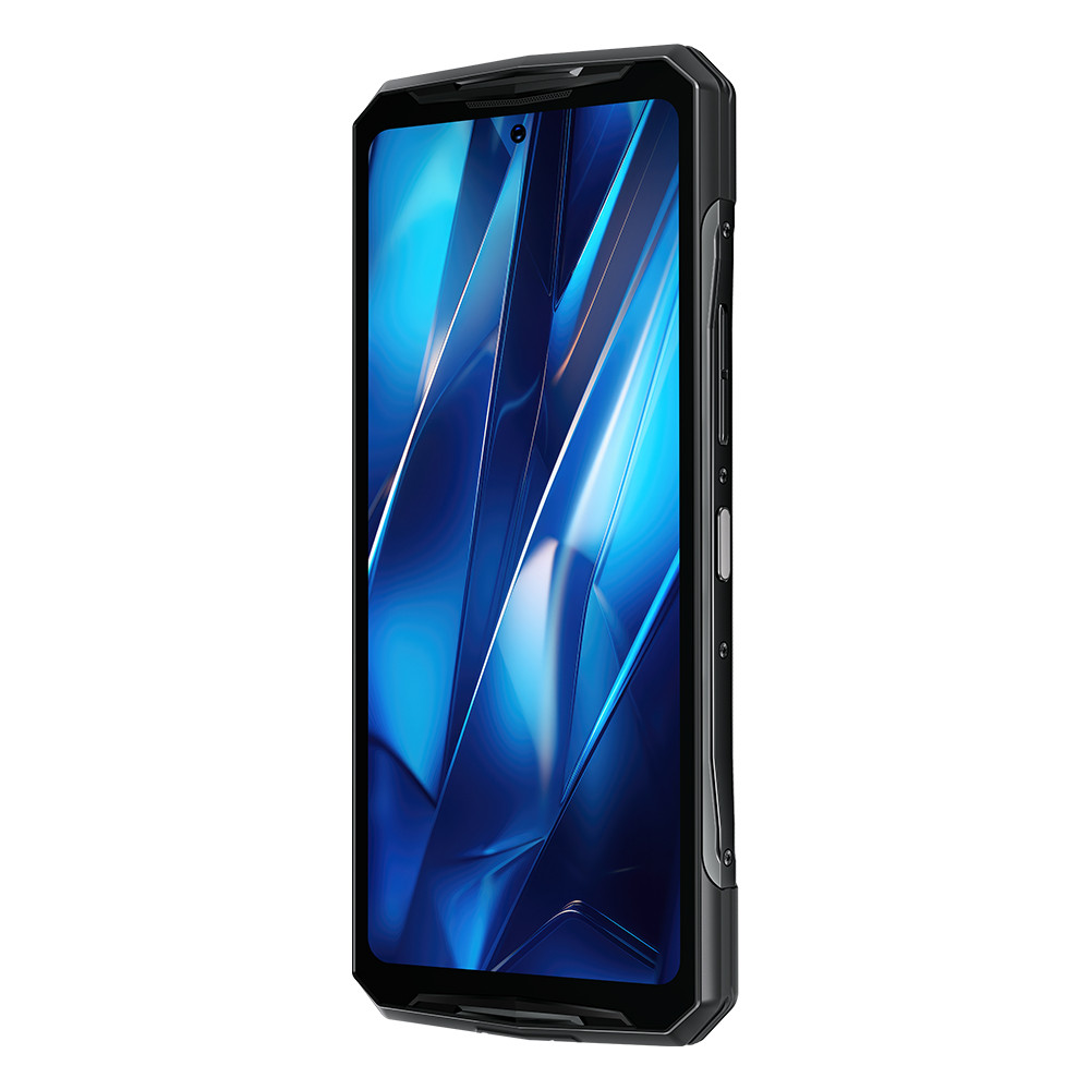 Czarny wytrzymały telefon, ekran wyświetla niebieski abstrakcyjny wzór.