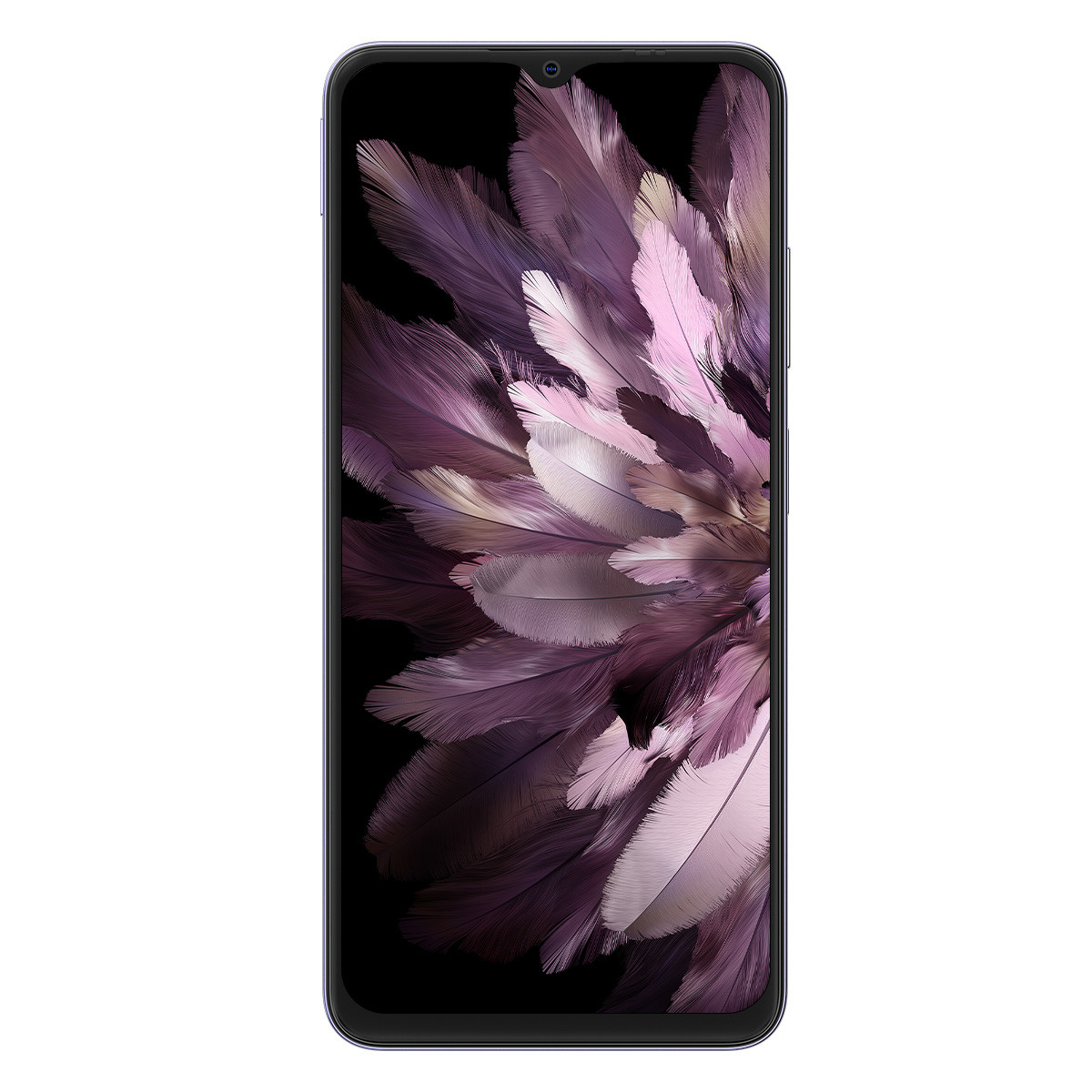 Vista frontale dello smartphone con un design viola a forma di piuma sullo schermo. Il telefono ha una cornice nera.