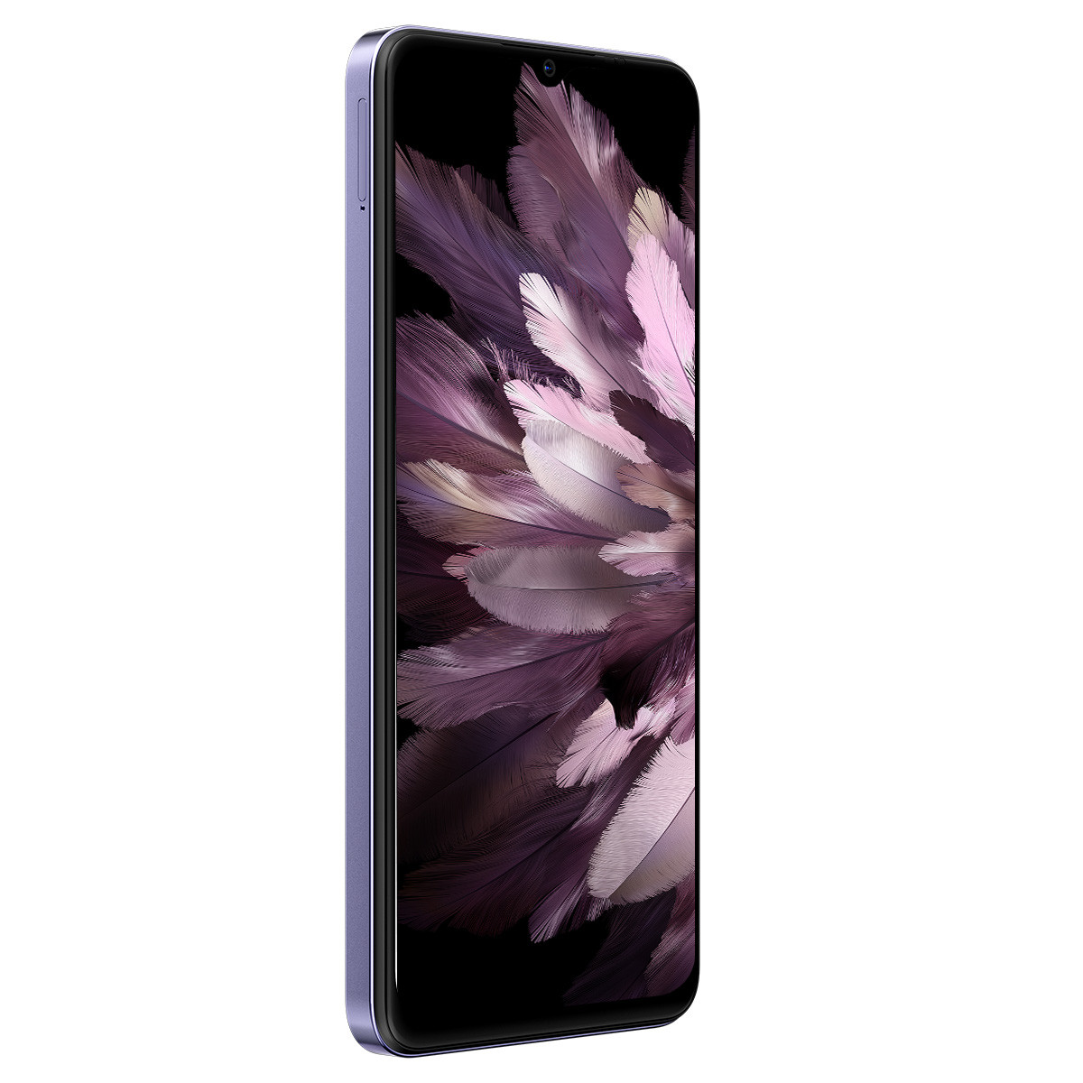 Smartphone, vista laterale, che mostra una cornice viola e uno schermo con un design a forma di piuma.