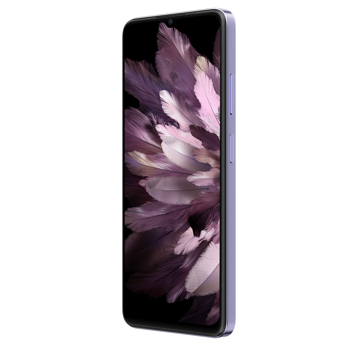 Smartphone con cornice viola, che mostra lo schermo con un design a forma di piuma. Vista laterale.