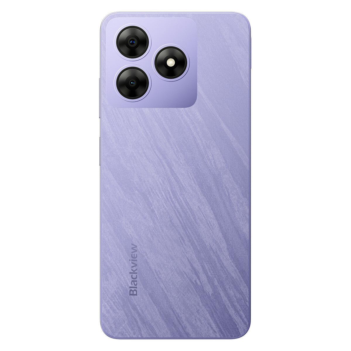 Vista posteriore di uno smartphone viola con tre fotocamere e il logo Blackview.