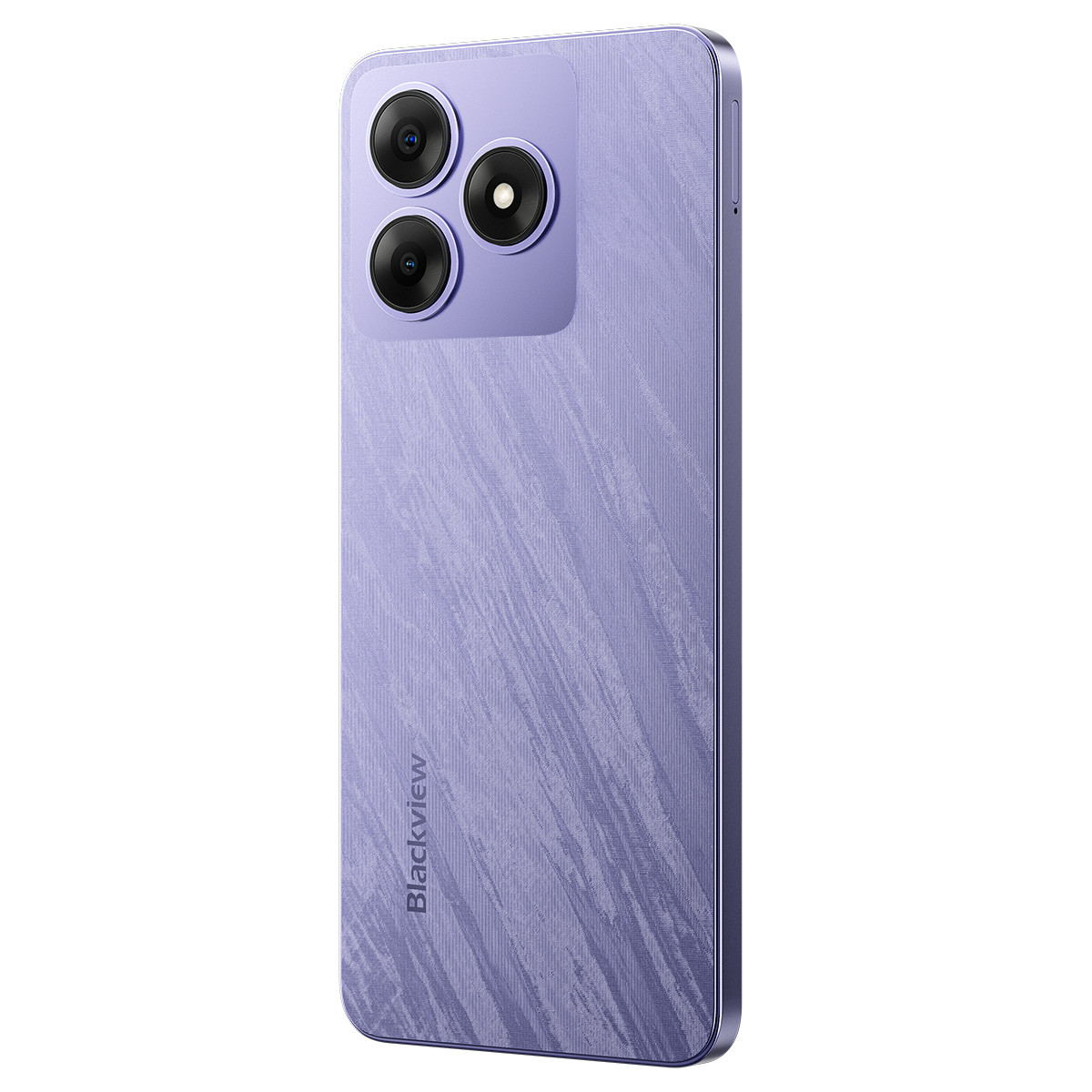 Uno smartphone viola con retro strutturato e tre fotocamere posteriori.