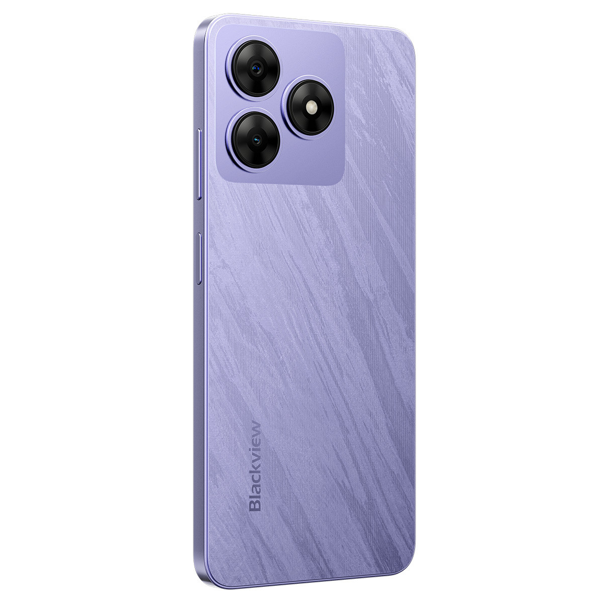 Telefono viola con tre fotocamere posteriori e retro strutturato, Blackview.