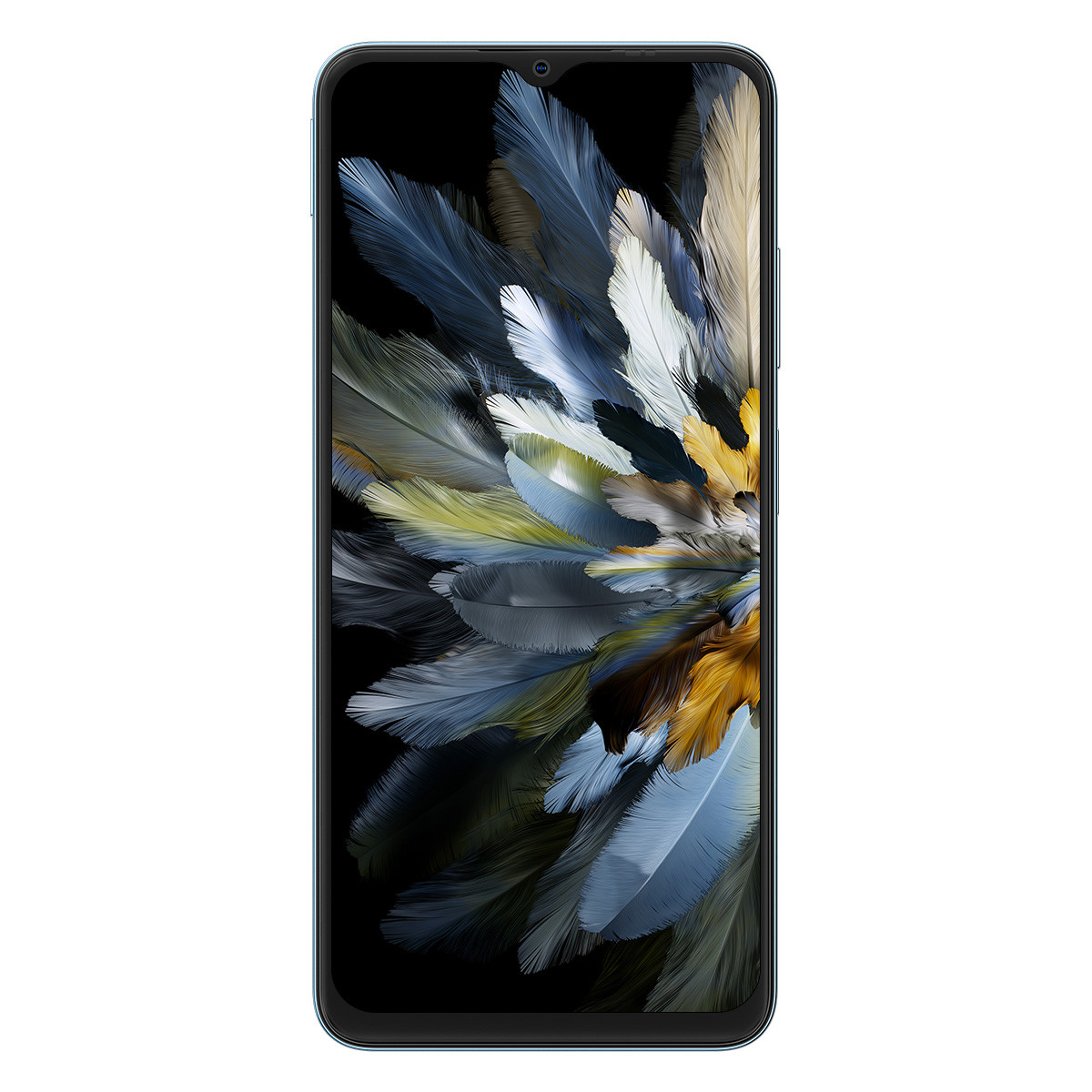 Uno smartphone azzurro con schermo che mostra un design a forma di piuma.
