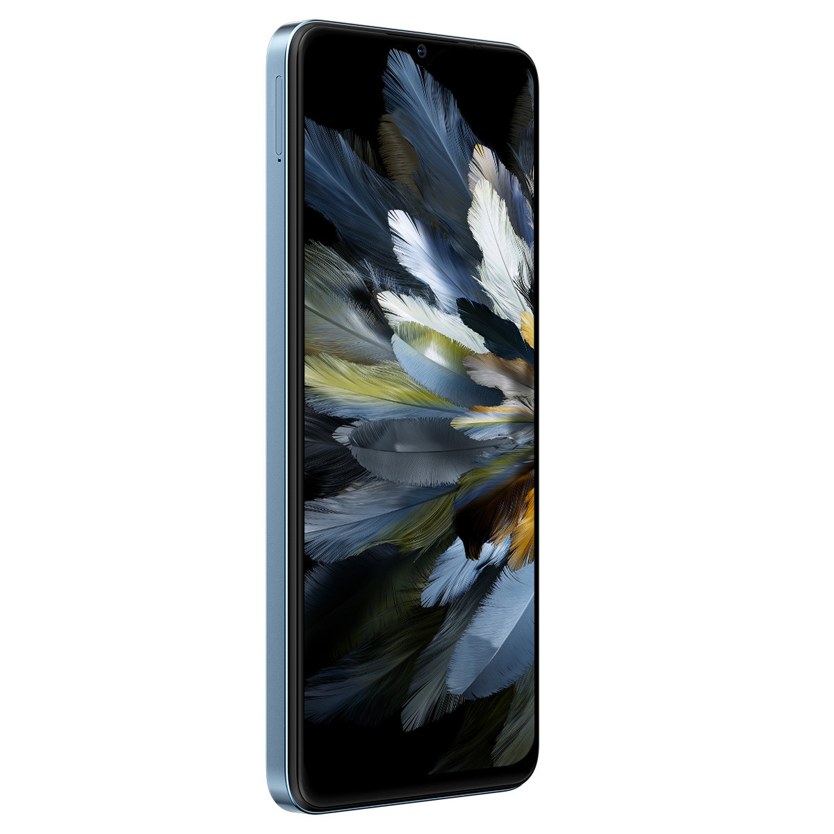 Schermo di smartphone con design astratto colorato. Il telefono è blu e angolato. Lo schermo è acceso.