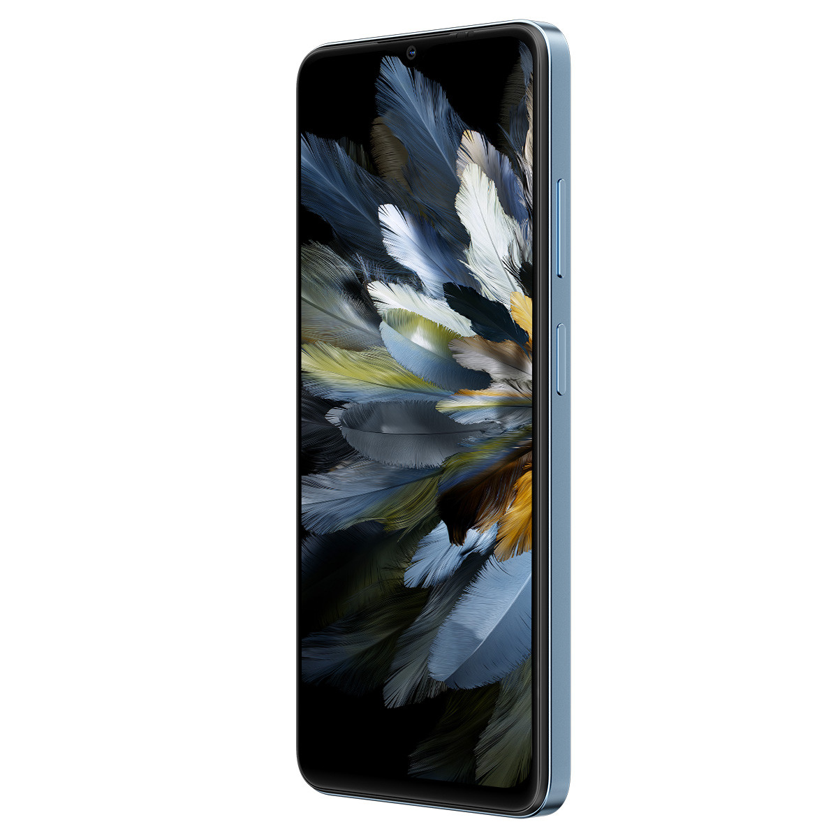 Uno smartphone azzurro con schermo che mostra un design a forma di piuma.