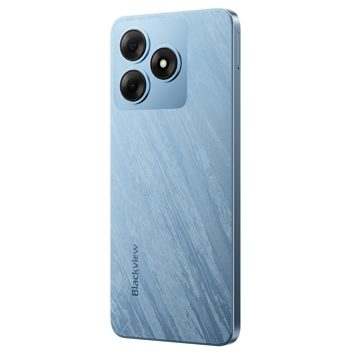 Retro smartphone blu con tre fotocamere, vista angolata. Logo Blackview in basso. Retro con motivo.