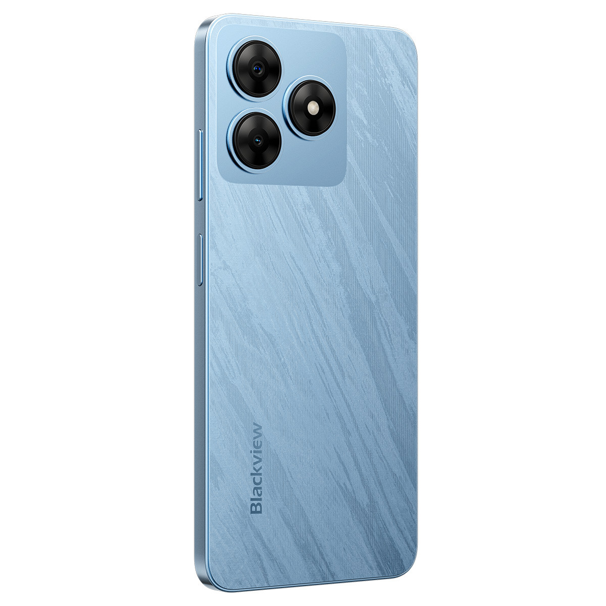 Uno smartphone azzurro con tre fotocamere posteriori. Il retro è strutturato.