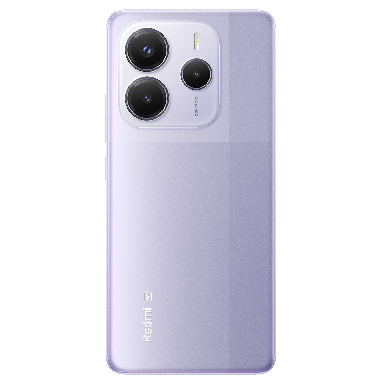Tył fioletowego telefonu z trzema aparatami, logo Redmi i 5G.