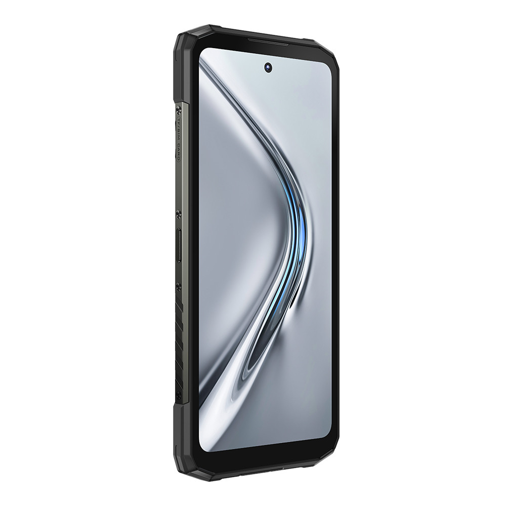 Czarny smartfon z dużym ekranem. Ma ochronne etui i przedni aparat.