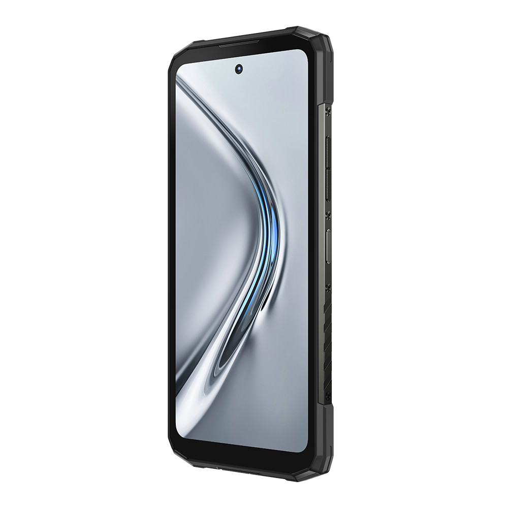 Czarny telefon z ekranem pokazującym wzór fal. Boki są wytrzymałe.