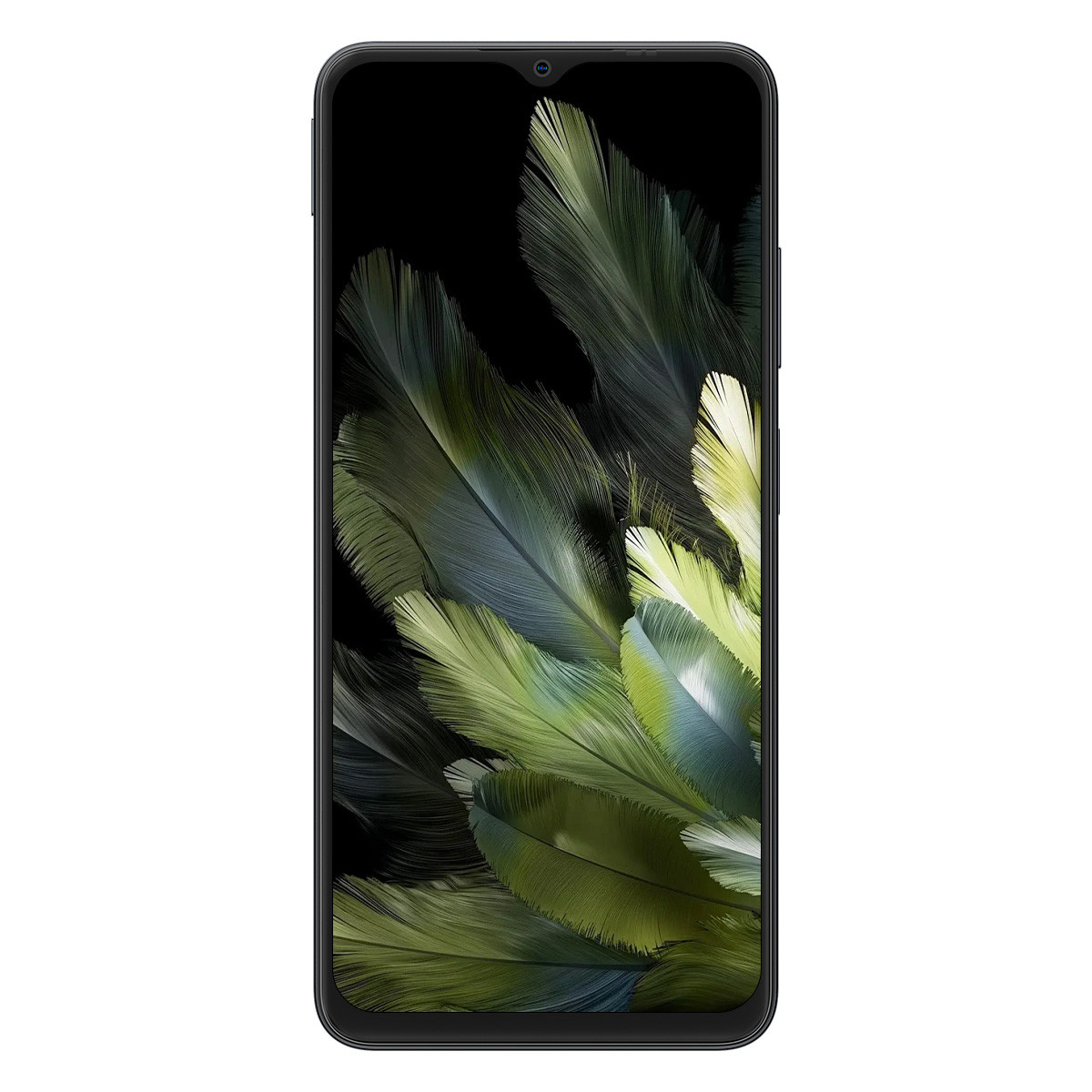 Uno smartphone con uno schermo che mostra forme simili a piume verdi e gialle su sfondo nero.