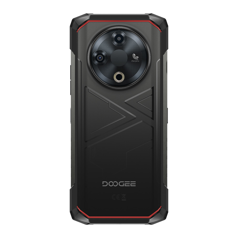 Tył czarnego telefonu z okrągłym układem kamer. Logo Doogee znajduje się na dole.