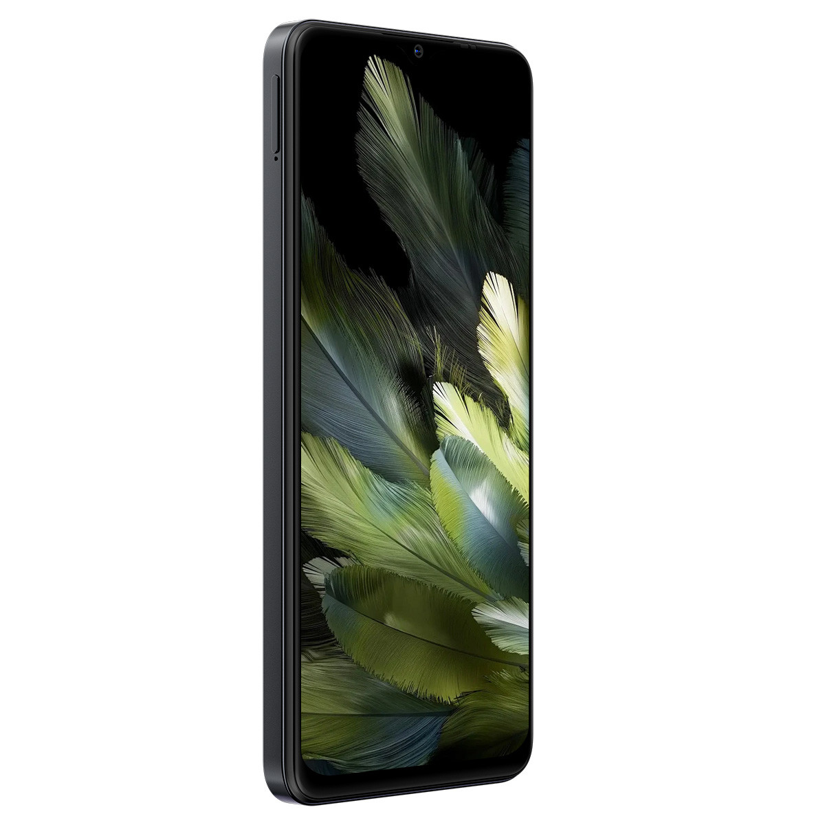 Smartphone nero con design a forma di piume verdi sullo schermo. Il telefono è angolato a destra.