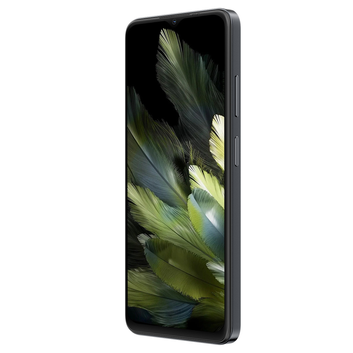 Uno smartphone con uno schermo che mostra forme simili a piume verdi e gialle su sfondo nero.